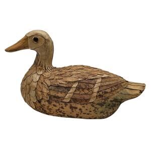 Vintage Corn Husk Wood Mallard Duck Hand Pieced Folk Art The Wooden Nickel